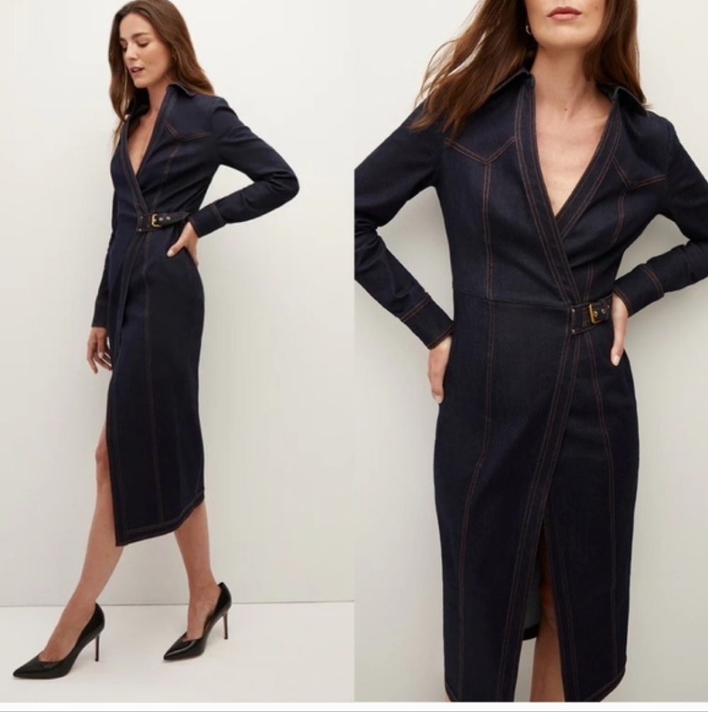 Veronica Beaed Dark Navy Wrap Midi Dress with Contrast Stitching